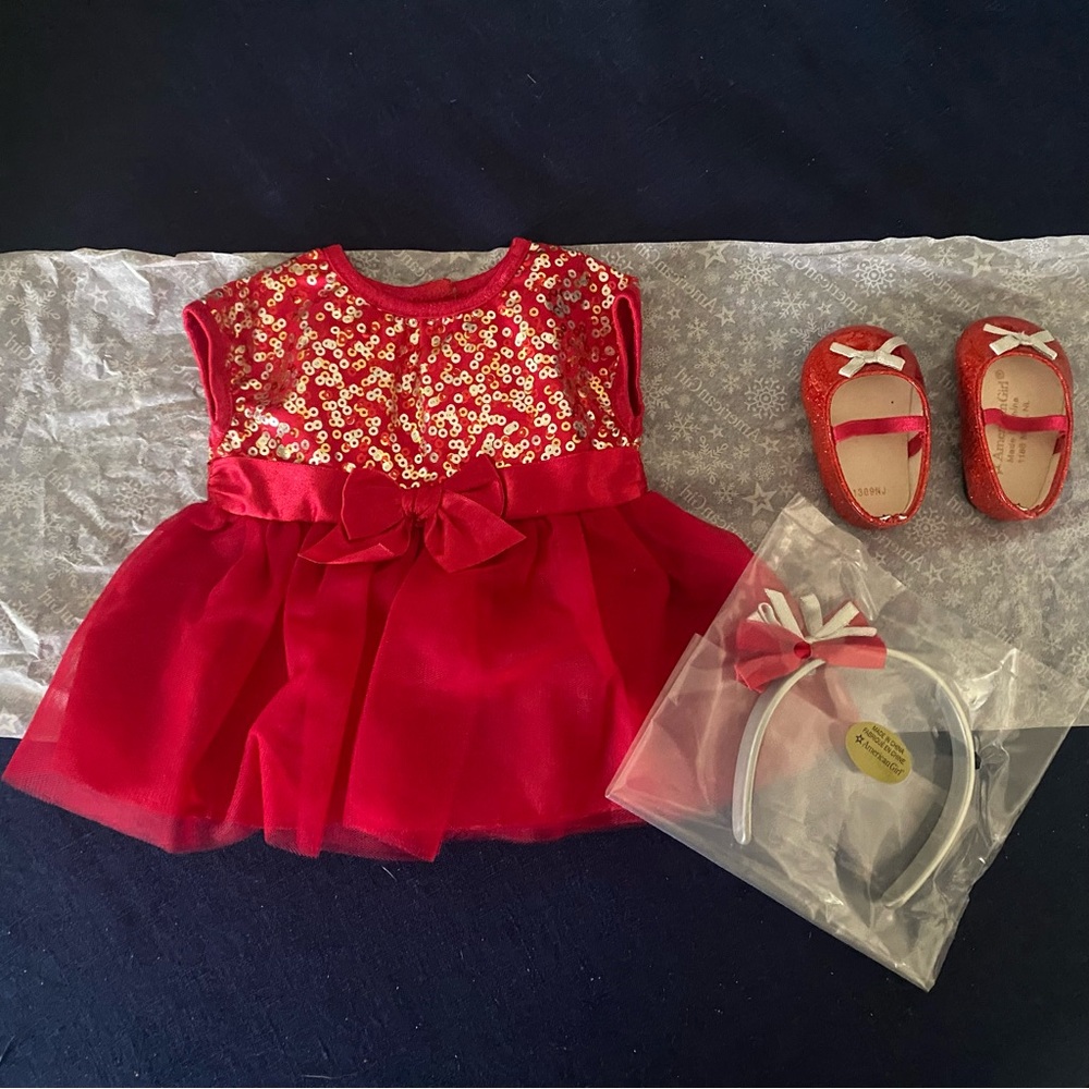 NEW American Girl Bitty Baby Deck The Halls Set Dress Holiday Headband Shoes